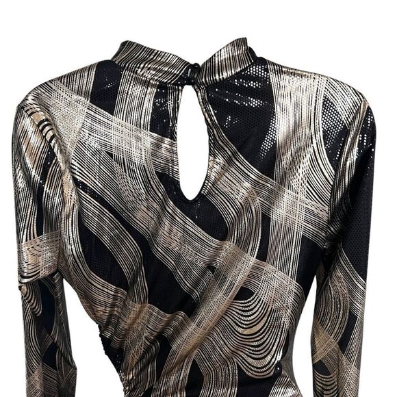K TOO Vintage Metallic Black Gold Print Long sleeves Dress - Size L - Picture 4 of 10